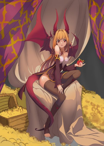Anime picture 2500x3500 with original mil-yu (artist) single long hair tall image fringe highres light erotic blonde hair red eyes sitting bare shoulders holding tail horn (horns) no shoes demon wings dragon girl girl thighhighs