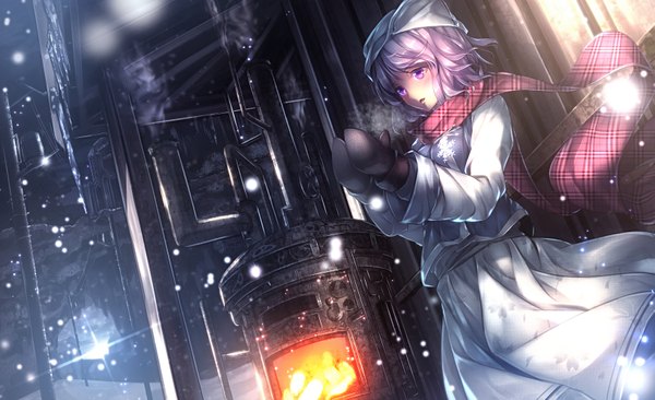 Anime picture 1637x1000 with touhou letty whiterock ryosios single blush short hair wide image purple eyes looking away silver hair dutch angle snowing winter exhalation girl dress scarf cap snowflake (snowflakes) mittens