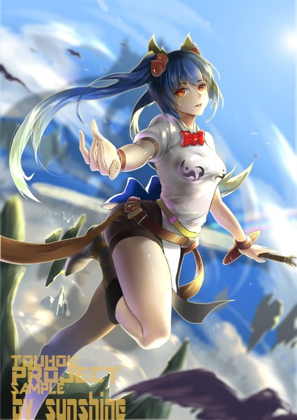 Anime picture 2480x3507 with touhou hinanawi tenshi sunshine (1638509769) single tall image looking at viewer highres breasts standing twintails signed sky cloud (clouds) bent knee (knees) light smile shadow outstretched arm standing on one leg outstretched hand girl