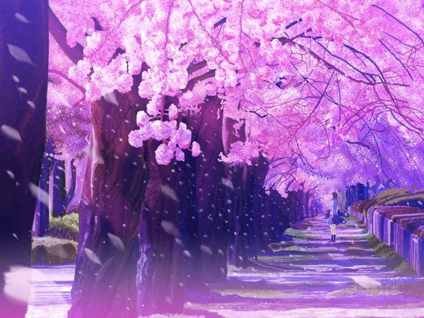 Anime picture 1600x1200 with original kanoe (artist) single cherry blossoms landscape nature girl skirt plant (plants) petals tree (trees) branch