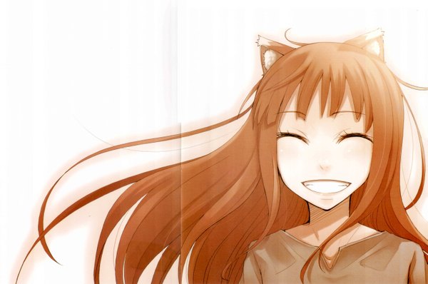 Anime picture 5681x3776 with spice and wolf horo single long hair fringe highres open mouth simple background smile brown hair white background animal ears absurdres eyes closed scan teeth happy wolf ears wolf girl girl