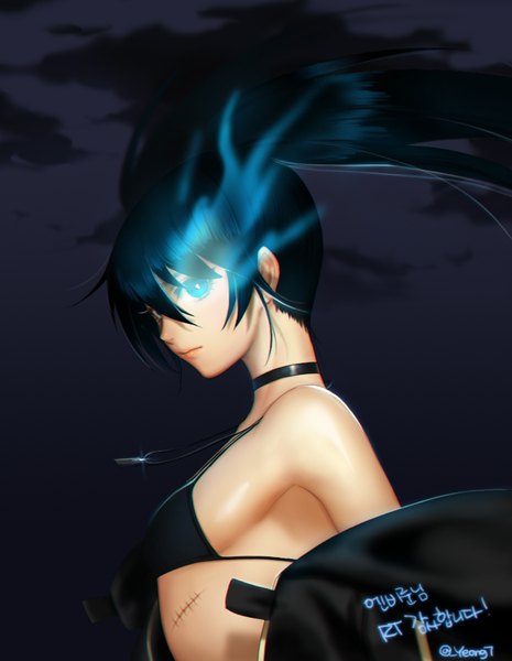 Anime picture 698x900 with black rock shooter black rock shooter (character) aegyo single long hair tall image looking at viewer fringe blue eyes light erotic black hair hair between eyes twintails bare shoulders signed cloud (clouds) profile night night sky glowing