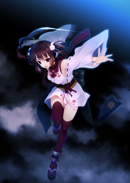 Anime picture 2000x2808 with shoujo shin'iki tsukamine miori hayakawa harui single long hair tall image fringe highres short hair breasts open mouth red eyes brown hair twintails holding brown eyes sky cloud (clouds) traditional clothes japanese clothes