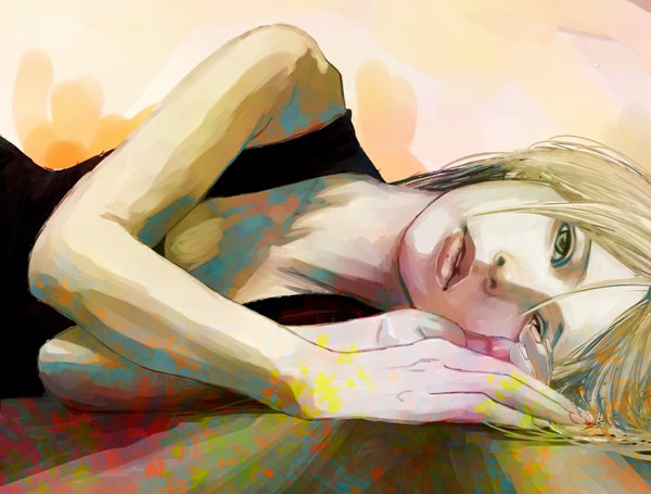 Anime picture 1114x846 with original ichihara single looking at viewer short hair blonde hair bare shoulders lying lips realistic grey eyes girl