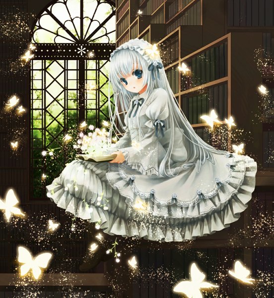 Anime picture 1003x1090 with original coluel single long hair tall image blue eyes white hair loli girl dress flower (flowers) headdress book (books) insect butterfly