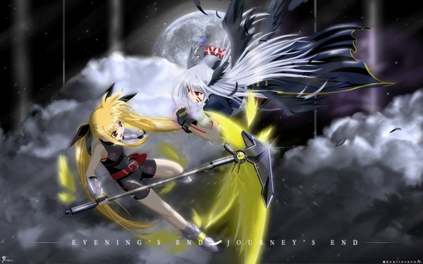 Anime picture 2560x1600 with mahou shoujo lyrical nanoha fate testarossa takamachi nanoha reinforce zwei bardiche solwyvern long hair highres blonde hair red eyes wide image twintails multiple girls signed silver hair cloud (clouds) full body wallpaper copyright name facial mark