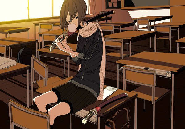 Anime picture 1142x800 with tri (pixiv) single short hair brown hair black eyes classroom weapon over shoulder girl skirt weapon sword scarf katana chair table school bag