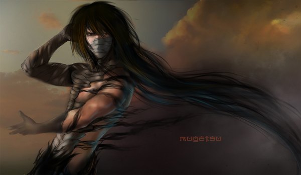 Anime picture 1600x928 with bleach studio pierrot kurosaki ichigo sheer-madness single long hair brown hair wide image cloud (clouds) realistic inscription tattoo topless muscle boy mask bandage (bandages)