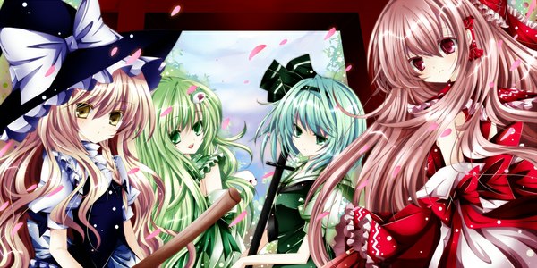 Anime picture 1000x500 with touhou hakurei reimu kirisame marisa konpaku youmu kochiya sanae nanase nao long hair short hair blonde hair red eyes wide image multiple girls green eyes yellow eyes pink hair green hair girl dress hair ornament bow