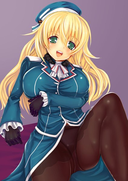 Anime picture 1500x2121 with kantai collection atago heavy cruiser teruru single long hair tall image looking at viewer blush breasts open mouth light erotic simple background blonde hair smile large breasts green eyes girl gloves underwear panties