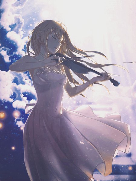 Anime picture 774x1032 with shigatsu wa kimi no uso a-1 pictures miyazono kaori dinocojv single long hair tall image fringe blonde hair hair between eyes standing bare shoulders holding sky cloud (clouds) eyes closed parted lips wind blurry tears