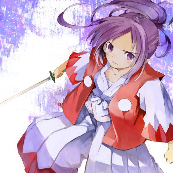 Anime picture 800x800 with touhou meira ogawa maiko single long hair blush purple eyes looking away purple hair ponytail traditional clothes japanese clothes from above girl weapon sword katana hakama sarashi