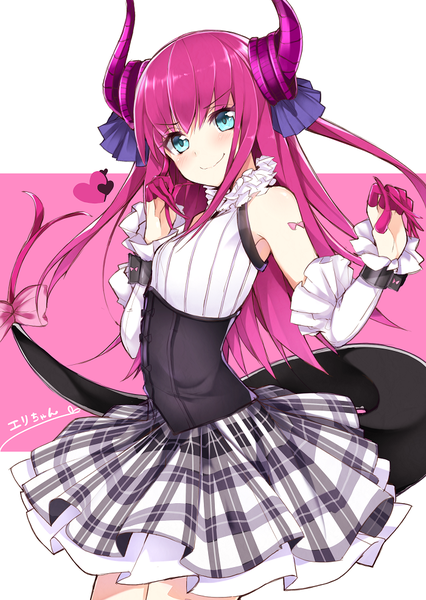 Anime picture 700x985 with fate (series) fate/extra fate/extra ccc elizabeth bathory (fate) (all) elizabeth bathory (fate) haruyuki (yukichasoba) single long hair tall image blush fringe smile twintails bare shoulders pink hair tail aqua eyes character names plaid skirt dragon girl