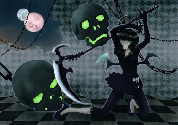 Anime picture 3508x2480 with black rock shooter dead master hiba (p-p-purin) highres green eyes absurdres horn (horns) green hair kneeling checkered floor bat wings girl dress gloves bow weapon wings black dress chain skull