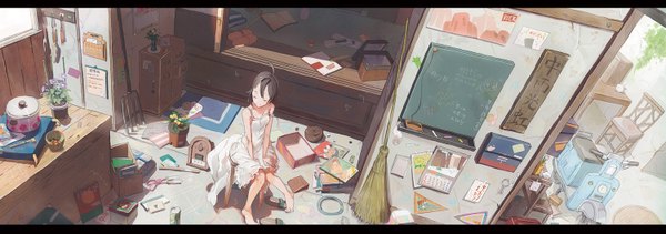 Anime picture 1500x528 with original neyagi single short hair black hair wide image sitting ahoge indoors eyes closed barefoot off shoulder letterboxed messy room girl dress flower (flowers) plant (plants) shoes white dress