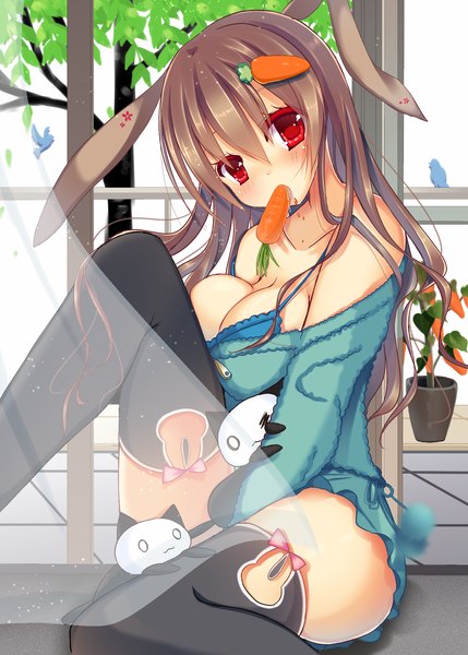 Anime picture 1295x1812 with original fumuyun single long hair tall image looking at viewer blush breasts light erotic red eyes brown hair sitting holding animal ears bunny ears mouth hold food in mouth girl thighhighs hair ornament
