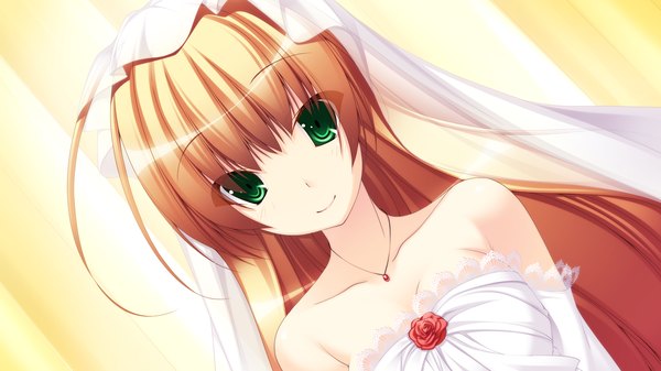 Anime picture 1280x720 with imouto ga boku o neratteru tomoka yuuki long hair smile wide image green eyes game cg orange hair girl dress wedding dress