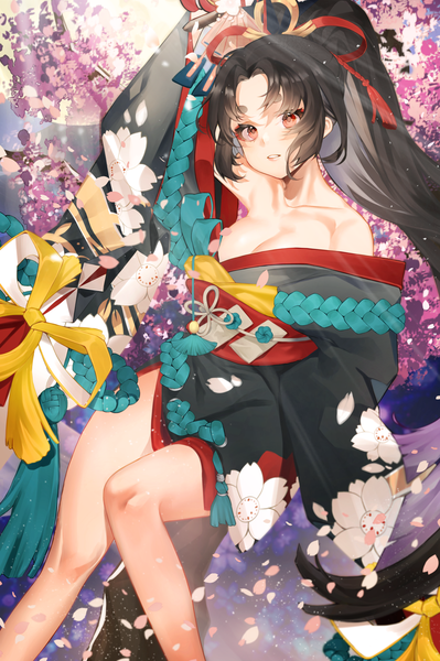 Anime picture 1800x2707 with onmyoji youtouhime chungu single long hair tall image looking at viewer highres breasts light erotic black hair red eyes large breasts payot cleavage ponytail traditional clothes parted lips japanese clothes arm up