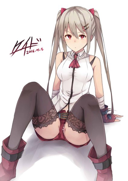Anime picture 1060x1500 with original keid single long hair tall image looking at viewer fringe light erotic simple background hair between eyes red eyes white background twintails bare shoulders grey hair arm support dated girl thighhighs underwear