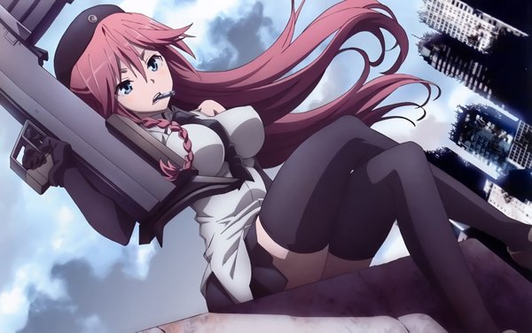Anime picture 4151x2606 with trinity seven asami lilith single long hair highres blue eyes absurdres red hair braid (braids) scan official art crossed legs girl thighhighs gloves weapon black thighhighs black gloves gun beret