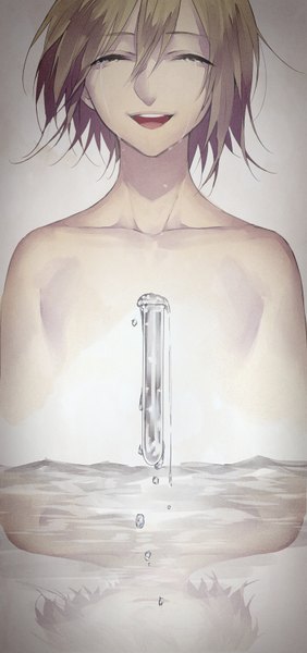 Anime picture 800x1700 with original tayuya1130 tall image fringe short hair open mouth simple background eyes closed nude grey background tears happy reflection crying water