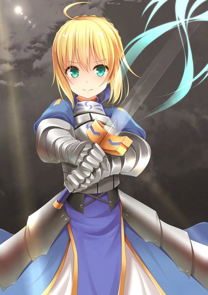 Anime picture 744x1052 with fate (series) fate/stay night artoria pendragon (all) saber aibumi single tall image blush short hair blonde hair smile green eyes sky cloud (clouds) ahoge aqua eyes sunlight embarrassed girl dress