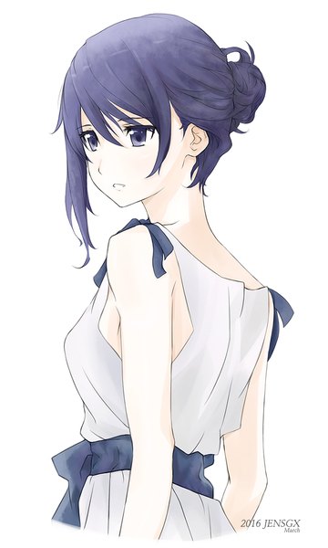 Anime picture 700x1166 with hai to gensou no grimgar a-1 pictures merry (grimgar) jensgx single tall image fringe short hair blue eyes simple background hair between eyes white background bare shoulders signed blue hair looking away parted lips from behind hair bun (hair buns) back