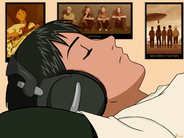 Anime picture 1600x1200 with beck madhouse tanaka yukio single short hair lying eyes closed on back close-up vector boy headphones poster