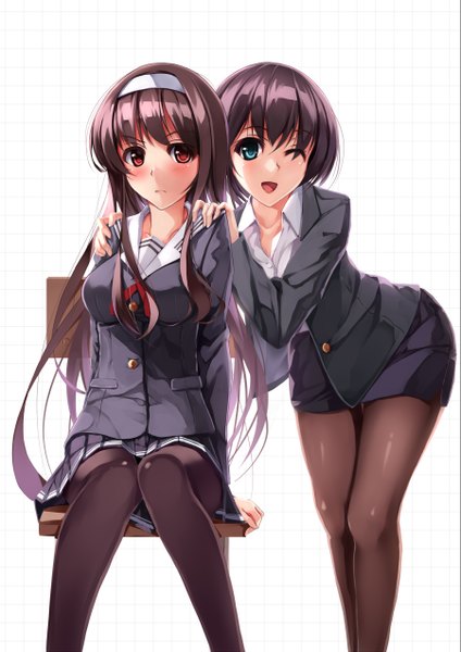 Anime picture 900x1272 with saenai heroine no sodatekata a-1 pictures kasumigaoka utaha yumemi (kiowa) long hair tall image looking at viewer blush blue eyes black hair white background multiple girls brown eyes one eye closed wink girl skirt uniform 2 girls school uniform