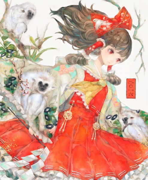 Anime picture 700x850 with touhou hakurei reimu yogisya single long hair tall image blush fringe red eyes brown hair payot traditional clothes japanese clothes wind floral print looking down miko new year 2016 girl