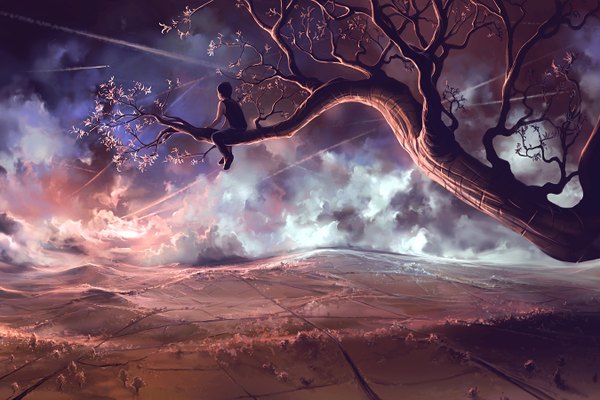 Anime picture 1350x900 with original aquasixio (artist) single short hair black hair sitting cloud (clouds) bent knee (knees) from above from behind sunlight night night sky field boy plant (plants) tree (trees) branch