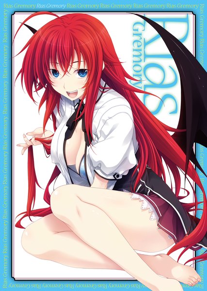 Anime picture 1456x2046 with highschool dxd rias gremory miyama zero single long hair tall image looking at viewer open mouth blue eyes light erotic red hair scan open clothes open shirt girl shirt wings