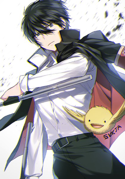 Anime picture 700x1000 with katekyou hitman reborn hibari kyouya hibird sorolp single tall image looking at viewer fringe short hair black hair simple background hair between eyes white background signed black eyes from below clothes on shoulders boy uniform weapon