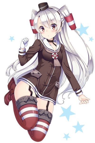 Anime picture 700x1050 with kantai collection amatsukaze destroyer yuzu-aki single long hair tall image looking at viewer blush light erotic brown eyes white hair two side up pantyshot girl thighhighs underwear panties hat hair tubes sailor suit