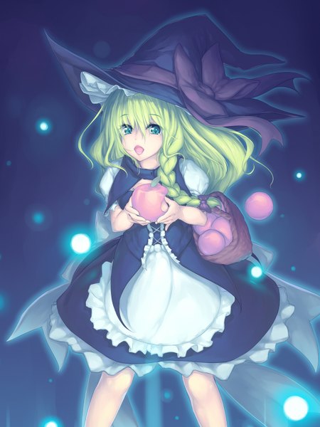 Anime picture 1200x1600 with touhou kirisame marisa die blonde bestie single long hair tall image looking at viewer open mouth blue eyes braid (braids) green hair dark background girl dress bow hair bow hat witch hat fruit apple