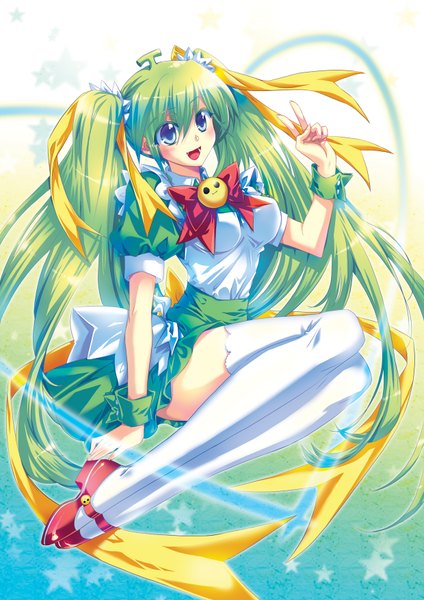 Anime picture 1240x1754 with melonbooks melon-chan cu-rim single tall image looking at viewer blush open mouth blue eyes very long hair green hair girl thighhighs dress ribbon (ribbons) hair ribbon white thighhighs bowtie