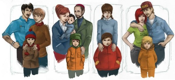 Anime picture 1100x507 with south park eric theodore cartman kenny mccormick kyle broflovski stanley randall marsh short hair black hair brown hair wide image white background hand on hip group hands in pockets boy hat t-shirt child (children) flat cap beard winter clothes