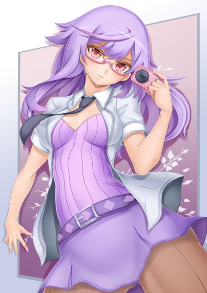 Anime picture 2480x3507 with original oni-noboru single long hair tall image highres red eyes absurdres purple hair light smile girl glasses necktie camera