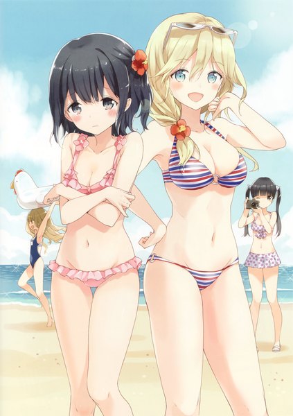 Anime picture 2249x3190 with school! scoop? tiv long hair tall image blush highres short hair open mouth blue eyes light erotic black hair blonde hair multiple girls sky cloud (clouds) hair flower scan beach groin girl