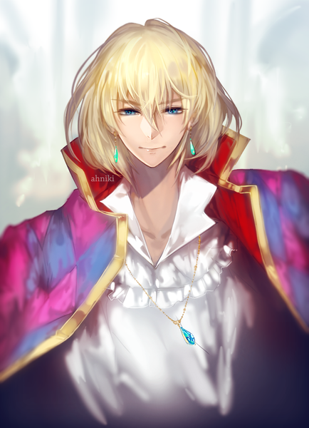 Anime picture 717x991 with howl's moving castle studio ghibli howl ahniki single tall image fringe short hair blue eyes blonde hair smile hair between eyes lips clothes on shoulders boy earrings shirt frills white shirt pendant