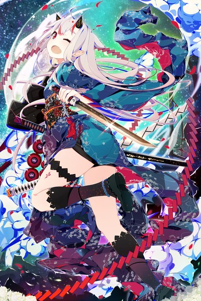 Anime picture 1000x1500 with chain chronicle original sega benio (dontsugel) single long hair tall image open mouth smile holding looking away silver hair nail polish japanese clothes one eye closed pink eyes horn (horns) pointy ears teeth fang (fangs)