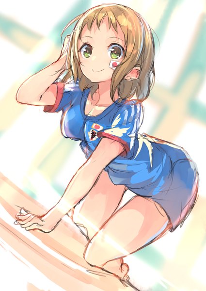 Anime picture 2507x3541 with love live! school idol project sunrise (studio) love live! world cup 2014 fifa world cup kira tsubasa hajime kaname single tall image looking at viewer highres short hair light erotic smile brown hair green eyes barefoot facial mark on all fours arched back