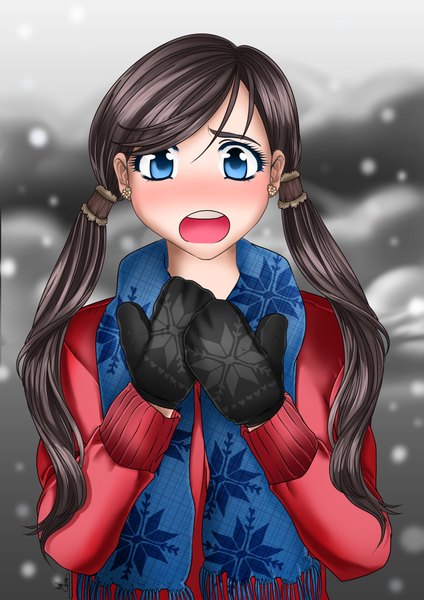 Anime picture 2894x4093 with odzigner single long hair tall image blush fringe highres blue eyes brown hair twintails teeth low twintails snowing eyebrows snowflake print girl gloves scarf snowflake (snowflakes)