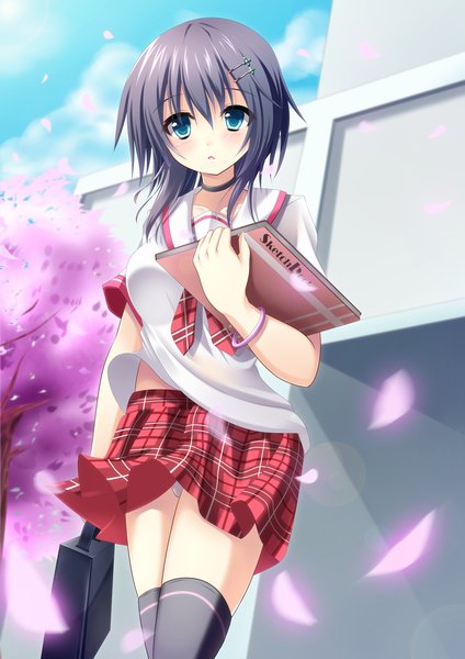 Anime picture 1400x1980 with original akine (kuroyuri) single tall image looking at viewer blush short hair blue eyes black hair pantyshot cherry blossoms wind lift girl thighhighs skirt uniform black thighhighs school uniform miniskirt petals