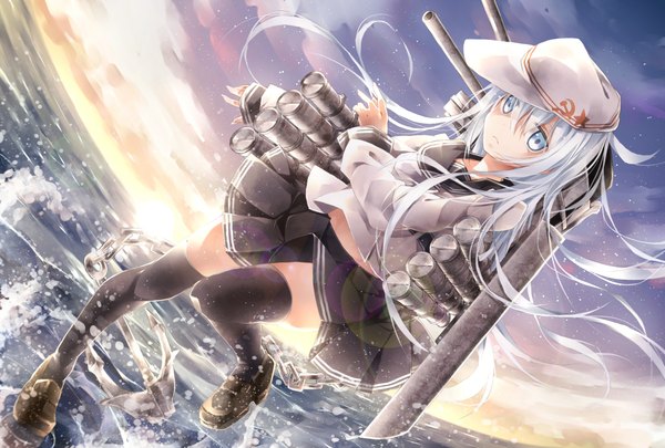 Anime picture 2039x1378 with kantai collection hibiki destroyer verniy destroyer toutenkou single long hair highres blue eyes sky cloud (clouds) white hair horizon hammer and sickle girl thighhighs skirt weapon black thighhighs star (symbol) sailor suit