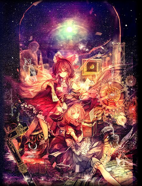 Anime picture 1000x1310 with touhou hakurei reimu kirisame marisa cis (carcharias) long hair tall image red eyes multiple girls red hair witch girl dress bow 2 girls hair bow detached sleeves animal bird (birds) book (books) star (stars)