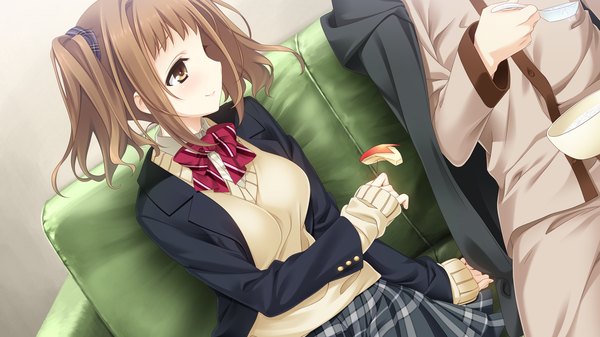 Anime picture 1280x720 with kiss bell giga nagatsuda yumi short hair brown hair wide image twintails brown eyes game cg short twintails girl uniform school uniform bowtie sweater apple