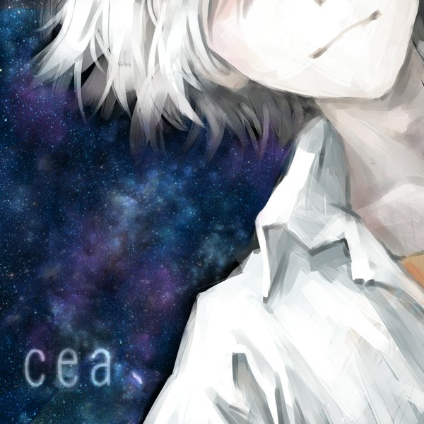 Anime picture 1024x1024 with neon genesis evangelion gainax nagisa kaworu cea single short hair signed white hair light smile space boy shirt