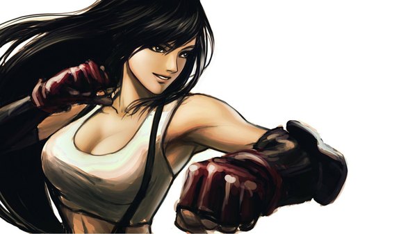 Anime picture 1920x1080 with final fantasy vii tifa lockhart accuracy0 single long hair highres breasts black hair simple background wide image large breasts white background bare shoulders light smile black eyes fighting stance girl gloves elbow gloves fingerless gloves
