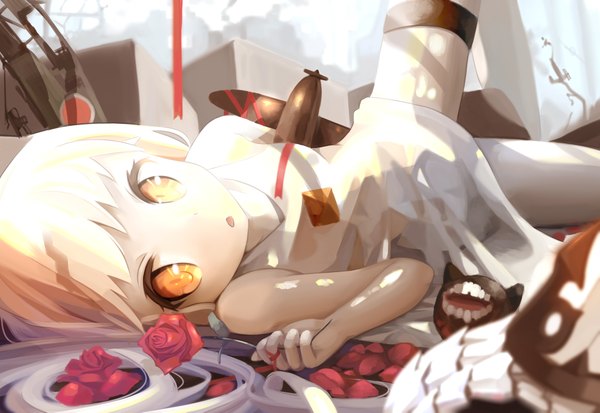 Anime picture 1980x1365 with kantai collection northern ocean hime seaport hime nasubi (fian0202) single long hair looking at viewer highres open mouth yellow eyes white hair lying spread legs shinkaisei-kan girl dress flower (flowers) ribbon (ribbons) white dress rose (roses)